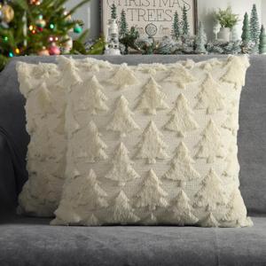 4TH Emotion Christmas Tree Decorative Pillow Covers 18x18 Set of 2, Beige Soft Plush Faux Fur Farmhouse Throw Cushion Cases for Xmas Winter Holiday Home Decor
