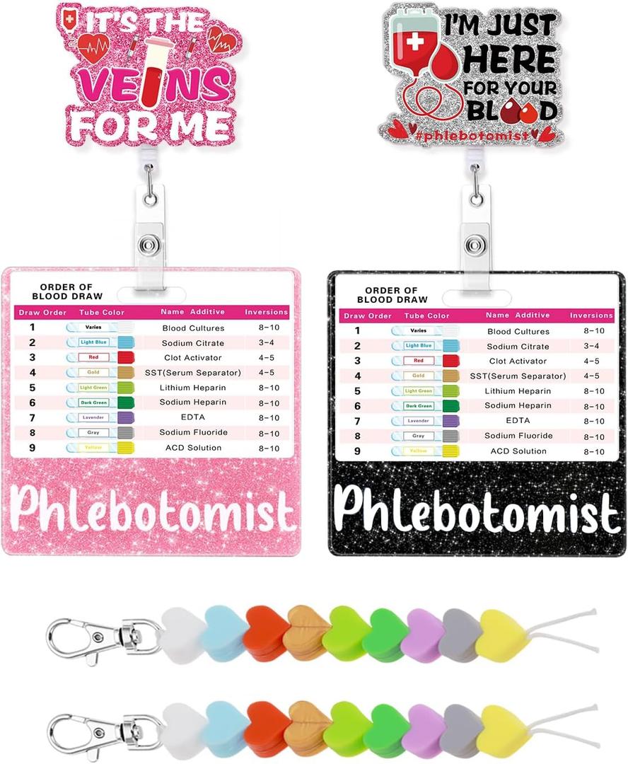 8 Pcs Phlebotomy Badge Reel Set Order of Draw Badge Card Beads,Phlebotomy Essentials Phlebotomist Badge Reel Accessories, Phlebotomy Practice Kit Lab Rn Badge Buddy Reel Nurse Supplies (Pink, Black)