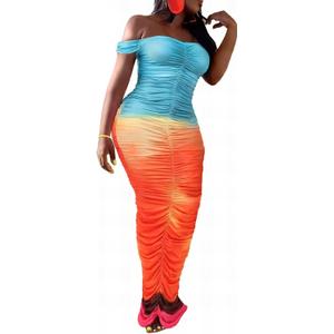 Ophestin Women Sexy Off The Shoulder Short Sleeve Tie Dye Ruched Bodycon Maxi Dress Party Club Dresses (Medium, Multi)