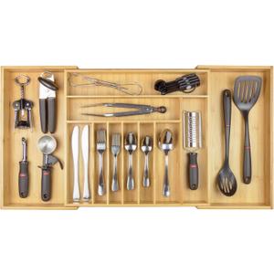 KitchenEdge Premium Silverware, Flatware and Utensil Organizer for Kitchen Drawers, Food-Safe Contract Grade, Expandable from 18 to 33 In, Natural Bamboo