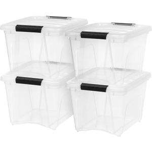 IRIS USA 19 Qt Stackable Plastic Storage Bins with Lids, 4 Pack - BPA-Free, Made in USA - See-Through Organizing Solution, Latches, Durable Nestable Containers, Secure Pull Handle - Clear