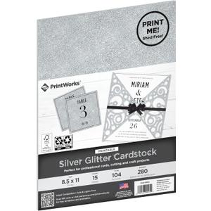 PrintWorks No-Shed Printable Silver Glitter Cardstock 8.5" x 11" - 15 Sheets - 104 lb/280 gsm Silver Glitter Paper - Sparkly Paper for School & Craft Projects - FSC Certified (00515)