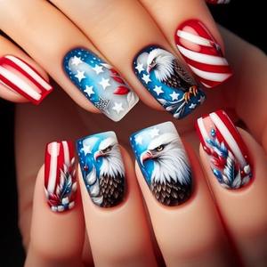 4th of July Press on Nails Medium Square Fake Nails CEWEWP Bald Eagle Fake Nails False Nails with Red White Stripes Designs Glossy Glue on Nails Blue Red White Acrylic Nails for Women Girls 24 Pcs 3 Pack
