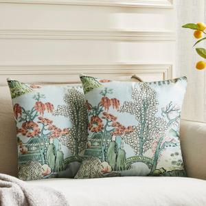 Pack of 2, Chinoiserie Pillow Cover 18 x 18 Inch Asian Scenic Blue and Pink Throw Pillow Covers Linen Farmhouse Tree Leaves Pillow Case Cushion Covers for Sofa Couch Living Room