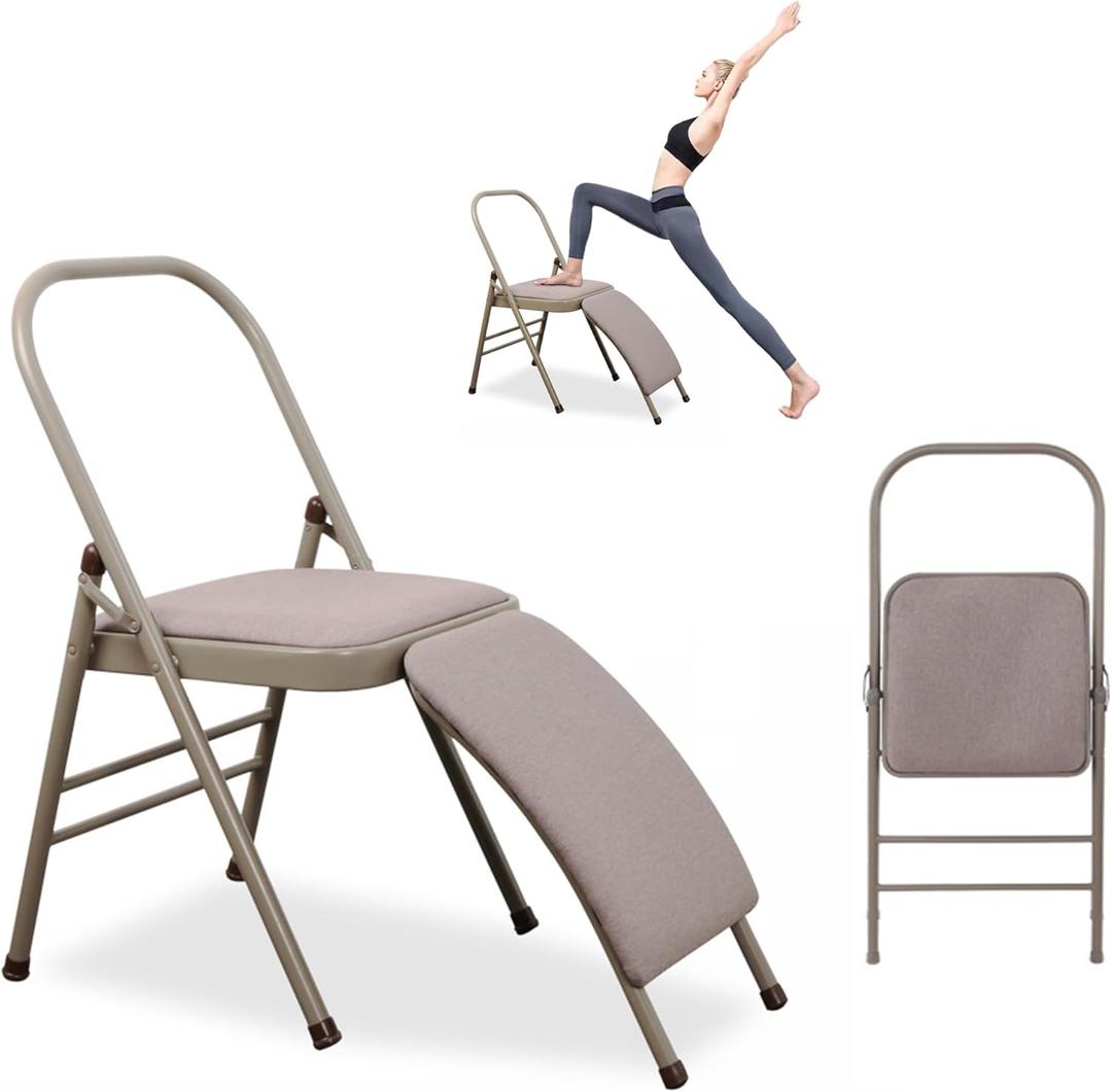 Folding Yoga Stretch Chair - Premium Yoga Support with Back Comfort,Assist Metal Handstand Chair with Detachable Lumbar Back Support for Stretching, Balance Training Grey