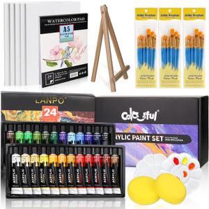 Colorful Acrylic Painting Kit - Paint Supplies Set with 24 Colors, 30 Brushes, 5 Canvases, 1 Pad, 2 Palette, 2 Sponge & 1 Wood Easel - Art Acrylic Paint Set for Beginners, Kids, Adults