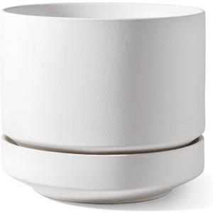 LE TAUCI Large 14 Inch Plant Pot with Saucer | Ceramic Outdoor & Indoor Big Planter Pot | Drainage Hole, Mesh Pad | Unglazed Porous | Modern Minimalist for Home and Patio Chalk White