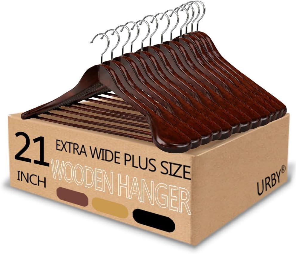 Urby 12pk 21 inch Wide Shoulder Wooden Hangers No Shoulder Bump. Design for Suit, Jackets, Heavy Cloths with Non Slip Pants Bar. Easy-to-Install Hook for Convenient and Quick Setup.