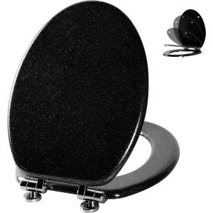 Angol Shiold Glitter Toilet Seat Molded Wood Elongated Toilet Seat with Quietly Close and Quick Release Hinges, Easy to Install also Easy to Clean (Elongated 18.5'', Black)