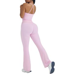 OMKAGI 2 Piece Workout Sets for Women Padded Tank Tops Flare Leggings Pilates Outfits (X-Small, Pink)
