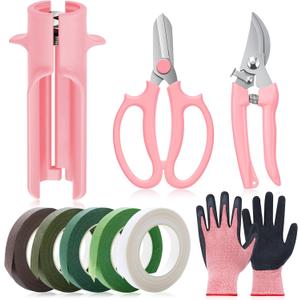 9 Pcs Rose Thorn Remover Set Include 1 Flower Thorn Stripper Tool 5 Floral Tape 1 Flower Scissor 1 Curve Gardening Scissors 1 Pair Gardening Gloves for Valentine Women Mother Gift (Pink)