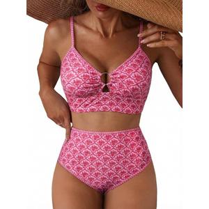Herseas Women's O Ring Bikini Sets 2 Pieces Floral Print Swimsuits High Waisted Bathing Suits (Large)
