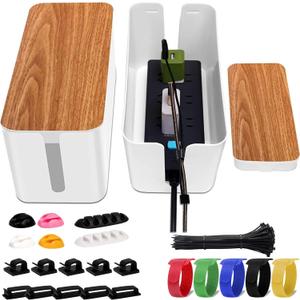 YUANYE Cable Management Box 2 Pack with 122 Cable Clips Set, Large Cord Organizer Box Hide Power Strip for Computer, Router, USB Hub and Under Desk Power Strip, Safe ABS Material Cord Management (White)
