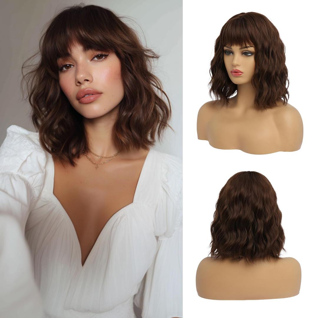 Short Chocolate Brown Wigs for Women Dark Brown Wavy Bob Wig with Bangs Medium Lenth Synthetic Natural Hair Wigs for Daily Party Use(14 Inch)