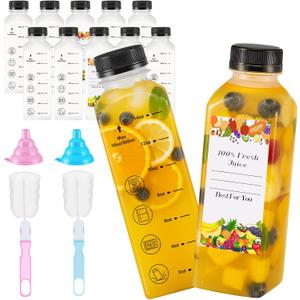 LemonRoad 12 Pcs 16 oz Juice Bottles with Lids, Dishwasher Safe Reusable Plastic Bottles with Caps, Measurement Markings, Clear Bulk Beverage Containers for Juice, Milk, Smoothie, Other Beverages