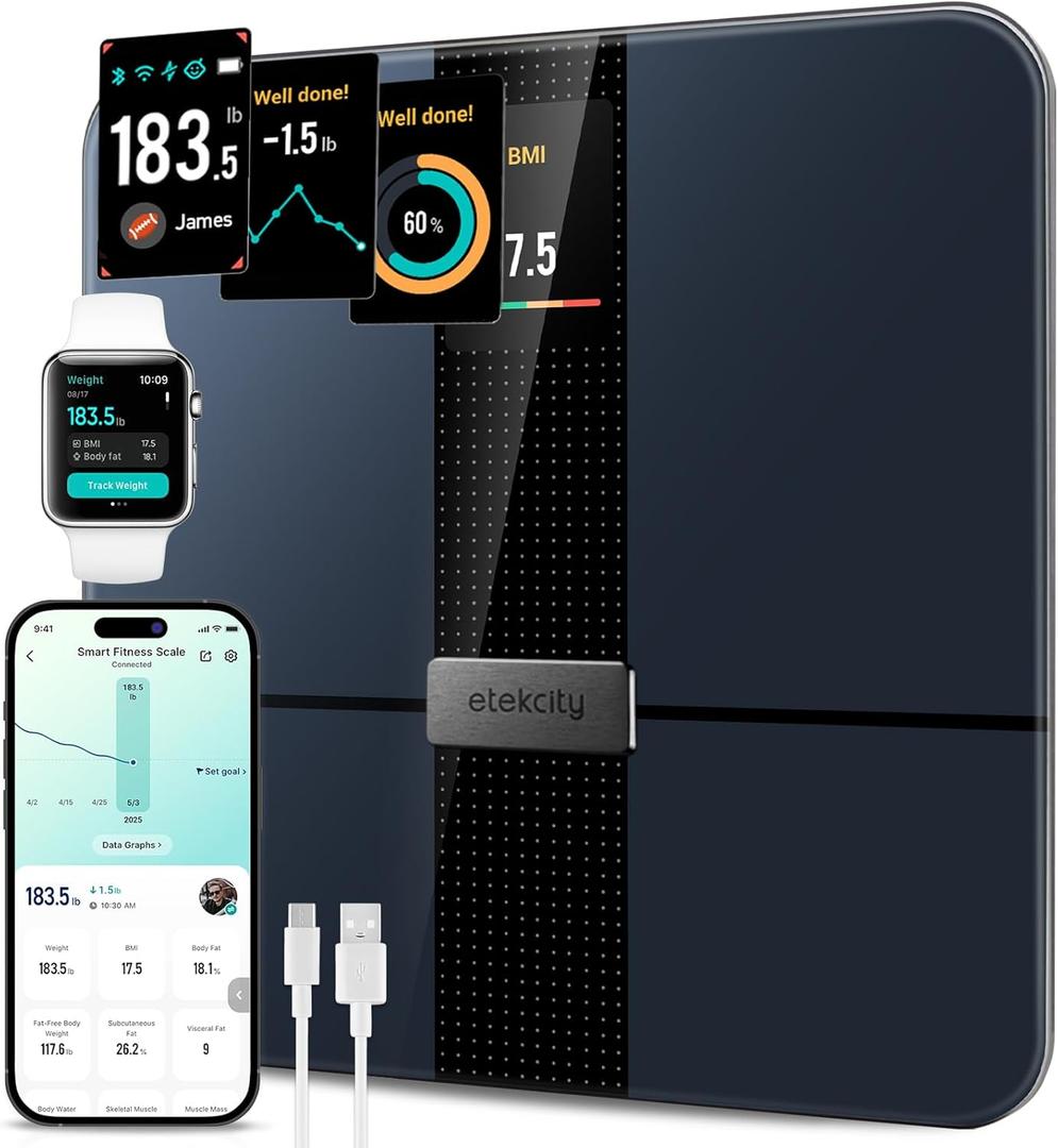 Etekcity FSA&HSA Eligible Smart Scale for Body Weight Fat, Digital Weighing Machine for Accurate BMI Muscle Mass Composition, Apple Health Compatible Fitness Equipment,TFT,Tempered Glass,Black (11.8 x 11.8 inches, Black-Color Screen)