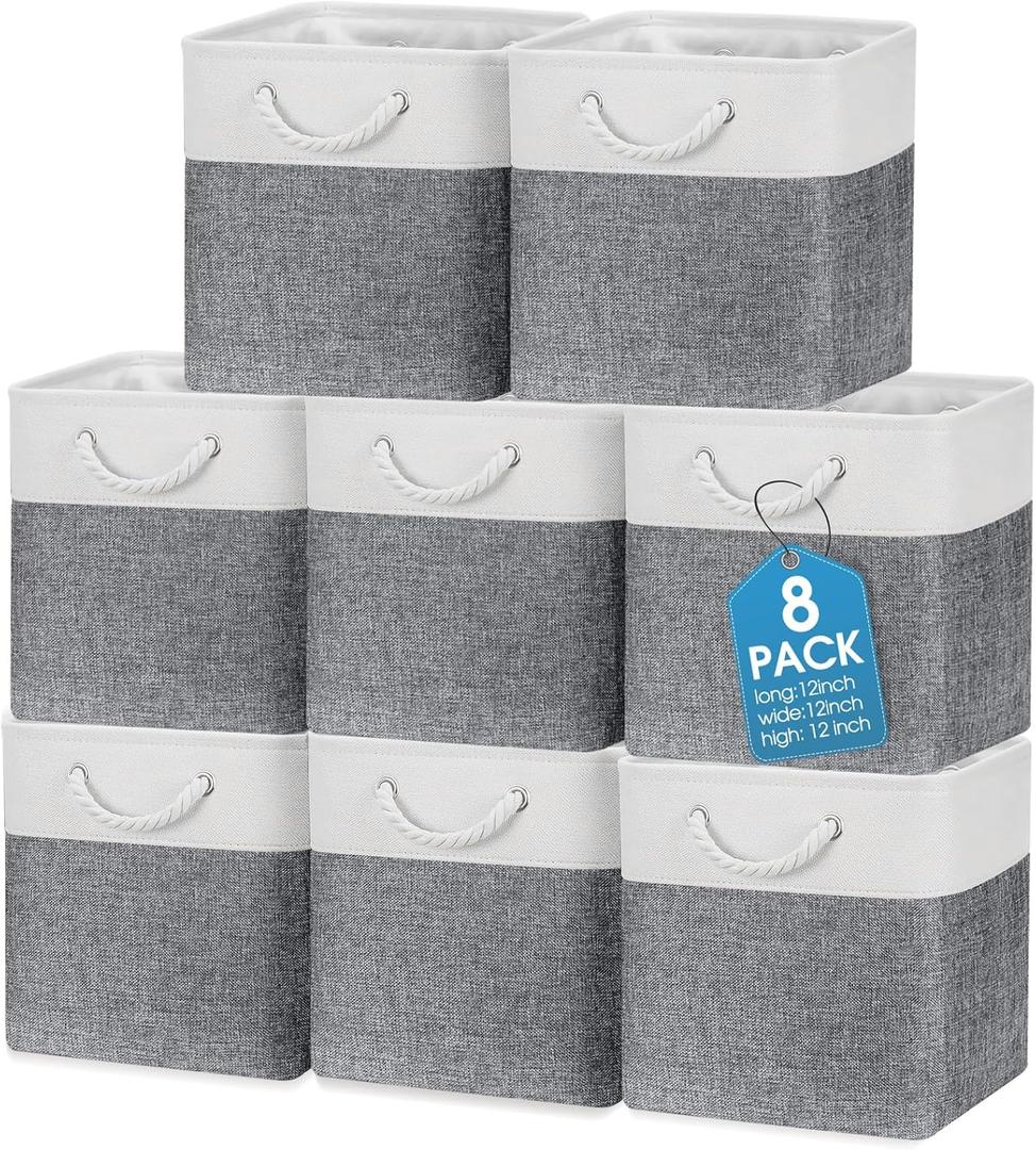 meekoo 8 Pack Collapsible Storage Bins Fabric Storage Bins Polyester Fabric Baskets with Handles Linen Closet Organizer for Shelf Home Closet Towels Toys(12 x 12 x 12 in,Gray White)
