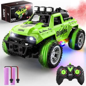 DEERC Remote Control Car with Fog Mist & LED Colorful Lights, 1:18 Scale RC Truck with 2 Batteries, 2.4Ghz Monster Truck for Boys, All Terrain Off-Road Race car, Educational Toy & Gift for Boys Girls