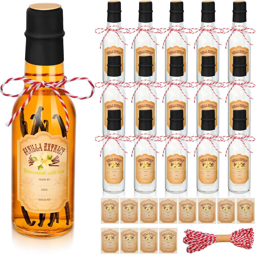 Tioncy 16 Pcs Empty Vanilla Extract Bottles for Homemade Vanilla Jar Glass Bottle with Cap, Shrink Band, Sticker Syrup Gift Food Storage Canister for Bean Christmas(Black,5 oz)