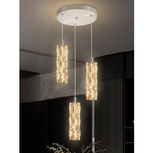 ykolupty Pendant Lights Kitchen Island 3-Lights Silver Crystal Chandelier for Dining Room Hallway Stairwell,LED Dimmable 2700K-6000K