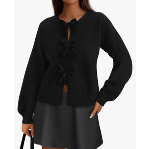 PRETTYGARDEN Cardigan Sweaters for Women Fall Fashion 2026 Bow Tie Front Long Sleeve Knit Sweater Tops Cute Winter Clothes size M, Black