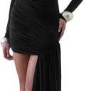 JUMISEE Womens Elegant Irregular Ruched Mini Dress Flowy Ribbon Bodycon Cocktail Dress Sexy Pleated Formal Dresses (Small, Z Black Long Sleeve)