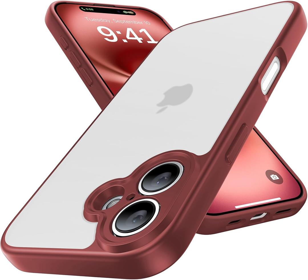 Shockproof for iPhone 16 Case, [Full Camera Protection] [Military-Grade Drop Protection] Protective Anti-Yellow Slim Translucent Matte Skin-Friendly for iPhone 16 Phone Case, Wine Red