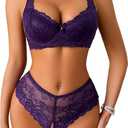 Avidlove Women's Lingerie Set Lace Bra and Panty Sets 2 Piece Lace Babydoll Outfits (Dark Purple) S