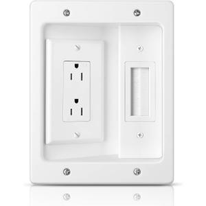 Wall Cable Concealer Kit, in Wall Cable Management Kit for TV, Recessed Outlet with Cable Management Box, in Wall Power Kit Hides TV Cords and Cables, Fits All Plugs, White