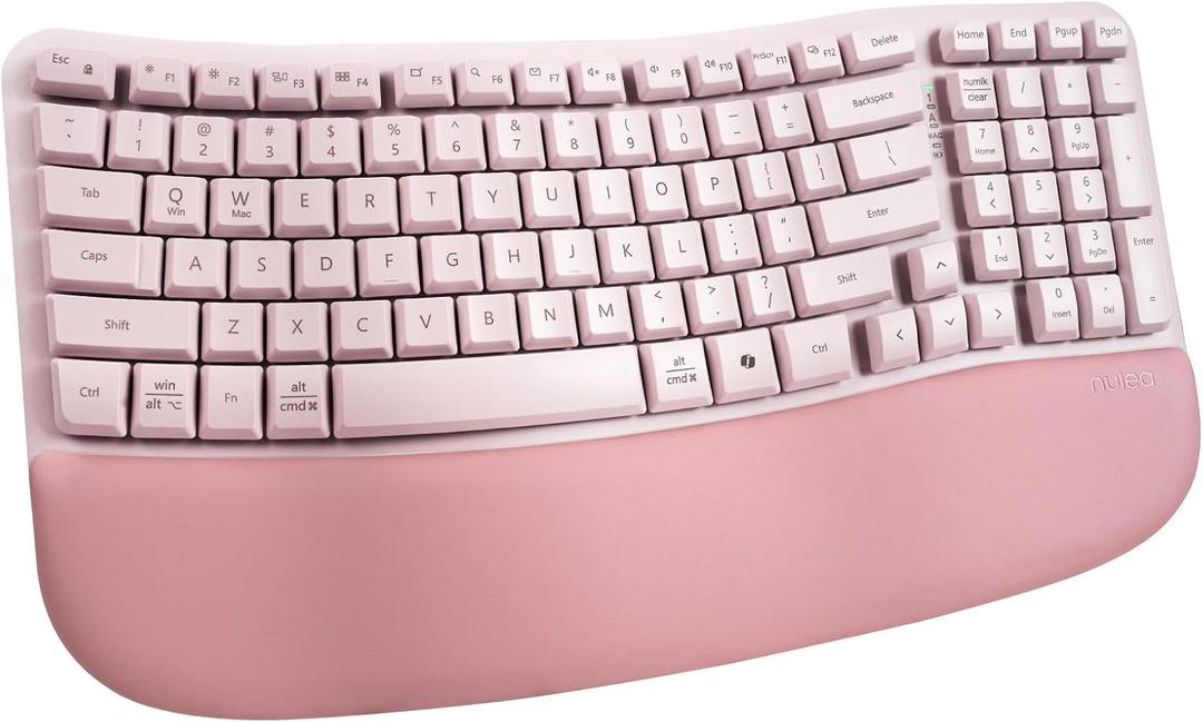 Nulea RT08 Wave Keys Wireless Ergonomic Keyboard with Cushioned Palm Rest, 2.4GHz Ergo Cordless USB Computer Keyboard, Comfortable Natural Typing, for Laptop, Mac, Windows (Pink)