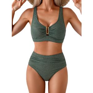 Eomenie Bikini Sets for Women High Waisted Two Piece Bathing Suit U Wired V Neck Swimsuit Adjustable Straps Swimwear, L