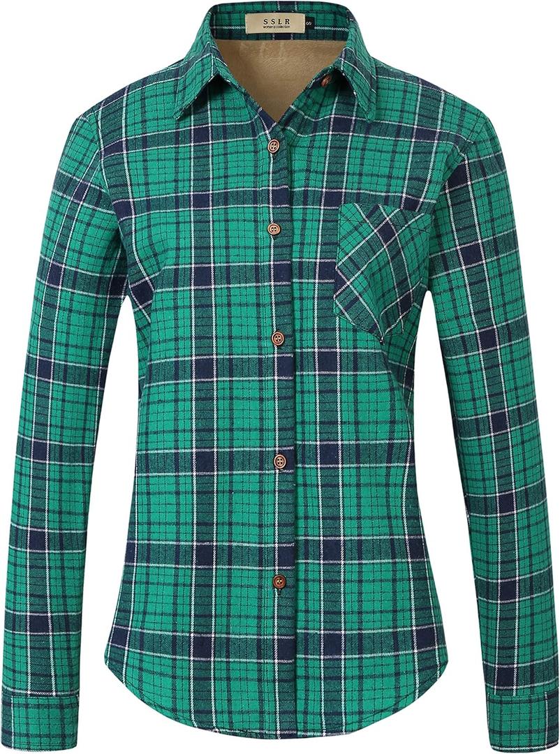 SSLR Fleece Lined Flannel Shirts for Women-Long Sleeve Flannel Jacket Button Down Plaid Shirts-Regular Fit, Casual (Large, Green Blue)