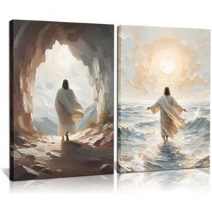 2Pcs Jesus Walking on Water Canvas Wall Art Christian Spiritual Faith Wall Decor Pictures Divine Light Modern Religious Posters Prints Paintings for Prayer Room Bedroom Living Room Decor 16x24 Inch