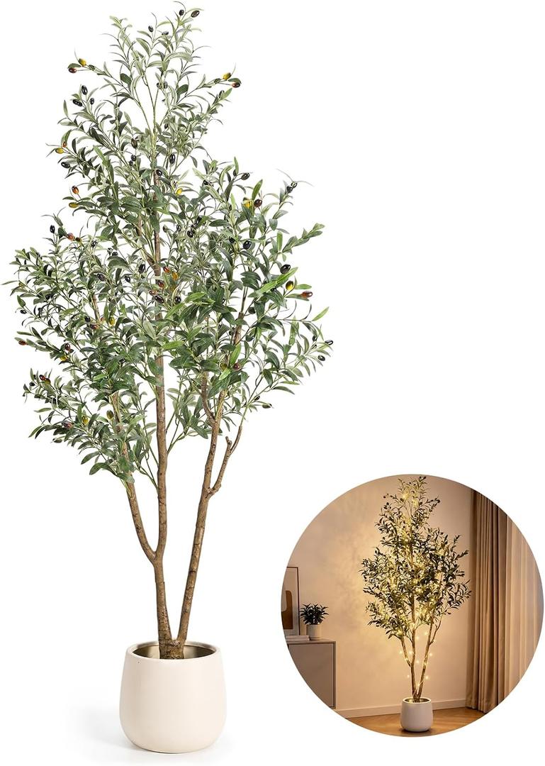 7FT Olive Trees Artificial Indoor with Lights, Tall Faux Olive Plant
