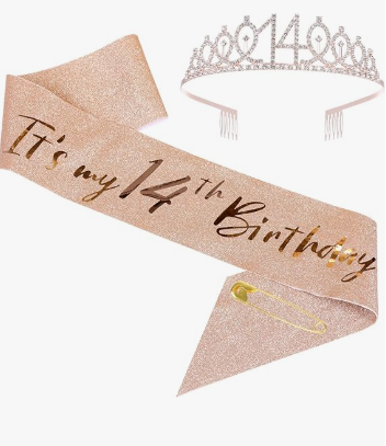 14th girls Birthday Sash and Tiara Set Rose Gold Birthday Sash Crown Birthday Party Favors Supplies for girls Birthday Party