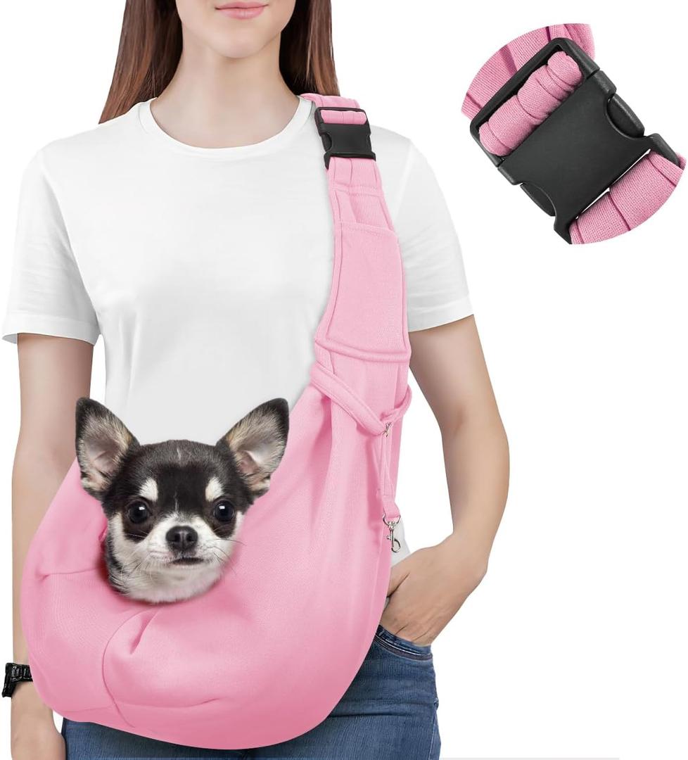 Pawaboo Small Dog Sling Carrier, Reversible Hands Free Dog Sling Carrier for Small Dogs Cats, Puppy Sling Carrier with Adjustable Strap Buckle & Safety Harness, Puppy Essentials, Pink
