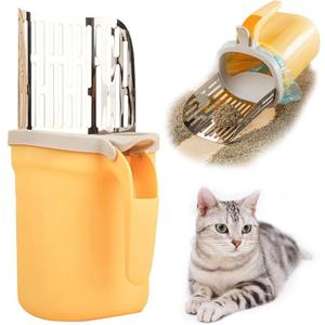 Cat Litter Scoop, Large Capacity Mess-Free Cat Litter Scooper with Bags, Spill-Proof Kitty Box Sifter, Bin Doubles as Scoop Holder (Yellow)