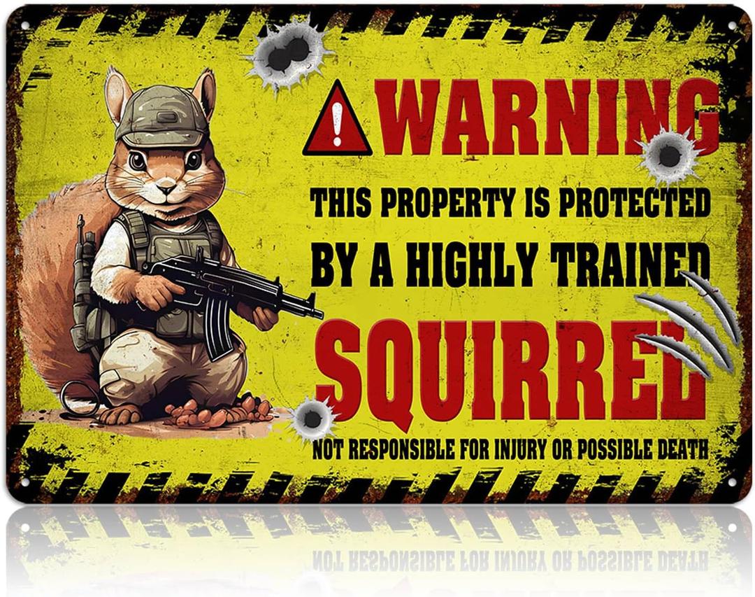 Funny Squirrel Metal Tin Sign for Wall Decor - Vintage Warning Property Is Protected Signs Squirrel Art Outdoor Decoration 8x12 Inch