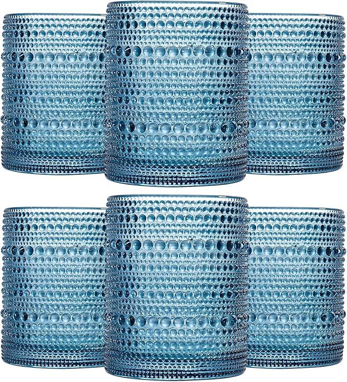 JOVGANK Blue Vintage Hobnail Drinking Glasses Set of 5, Embossed Water Tumbler 15oz, Kitchen & Bar Beaded Highball Glasses, Beverage Glass Cups for Water, Beer, Juice, Cocktail Glassware, Blue