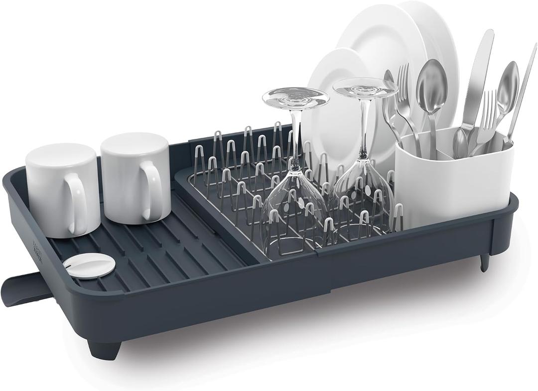 Joseph Joseph Extendable Dish Drying Rack with Expanding Dual Parts, Non-Scratch, Movable Silverware Drainer & Drainage Spout, Grey