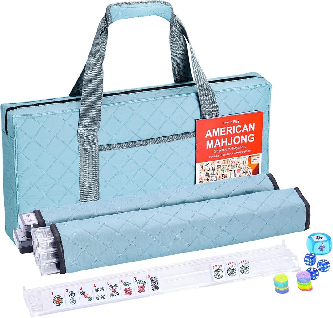 American Mahjong Tile Set Complete, 166 White Tiles with Accessories, 4 Mahjong Racks with Pushers, Mahjong Set with Blue Carrying Bag for Beginners (Ma Jong, Mah-Jongg)