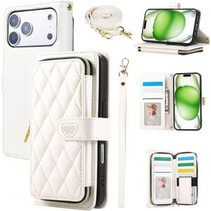 Wallet Case for iPhone 17 Pro 6.3 inch with Zipper Card Holder & Shoulder Strap & Wrist Strap, Crossbody Purse Handbag Stylish Protective Cover for iPhone 17 Pro -White