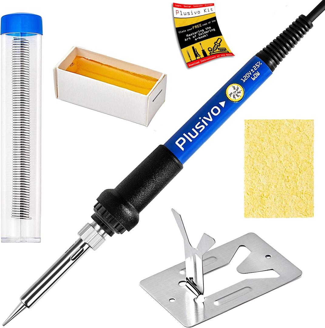 Soldering Iron Kit, 60W Soldering Iron Adjustable Temperature 5-in-1, Solder Wire, Stand, Rosin Paste Flux, Sponge, Fast Heating, Desoldering Electronic Repair DIY Hobby 120V US Plug