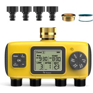 4 Zone Water Timer for Garden Hose, 4 Outlets Sprinkler Timer for Watering with Brass Inlet,Rain Delay/Automatic/Manual Irrigation System for Garden Sprinkler Controller for Lawn Yard Garden