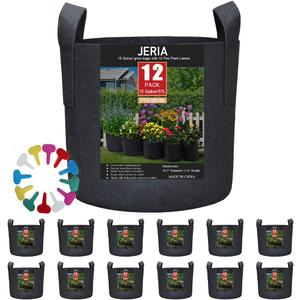 JERIA 12-Pack 15 Gallon, Vegetable/Flower/Plant Grow Bags, Aeration Fabric Pots with Handles (Black), Come with 12 Pcs Plant Labels