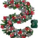 Timer - 9Ft by 10 Inch Prelit Christmas Garland with 50 Colorful Lights, Thick 270 Snowy Tips 70 Red Berry 10 Pinecone Battery Operated 8 Mode Real Touch Cedar Valentines Garland Mantle Indoor Outdoor