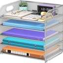 Cawukege 5 Tier Paper Organizer with Handle, Silver Metal Mesh Desk Organizer File Folder Paper Letter Tray Desktop Document Sorter for Classroom, School, Office Accessories Organization and Storage