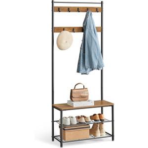 VASAGLE Coat Rack, Hall Tree with Shoe Storage Bench, Entryway Bench with Shoe Storage, 3-in-1, Steel Frame, for Entryway, 12.6 x 27.6 x 68.9 Inches, Industrial, Rustic Walnut and Black UHSR041B41