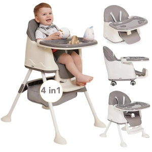 4-in-1 Honey Baby High Chair - Booster Seat for Dining Table, Convertible Baby Highchair with Wheels, Dining Seat and Toddler Chair - for Ages 6 Months and Up to 50.7lb - Pink - Maxibaby, Gray 