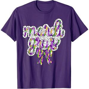 Coquette Bow Mardi Gras New Orleans Louisiana Dalmatian Dots T-Shirt (Small, Purple)